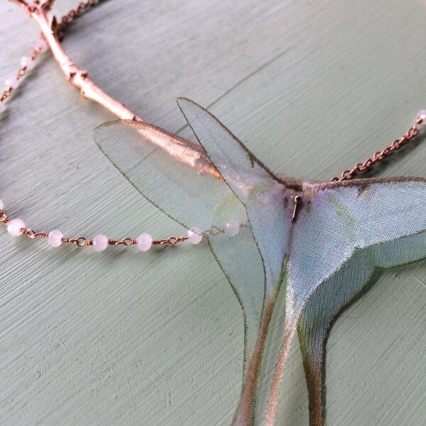 Luna Moth Necklace in Light Blue Green Silk Organza on Copper Branch with Opaline Crystal Beads - One of a Kind