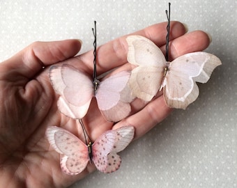 Butterfly Hair Pin, Butterfly Hairpin, Butterfly Hair Accessories in Light and Blush Pink Cotton and Silk Organza Fabric - 3 pieces