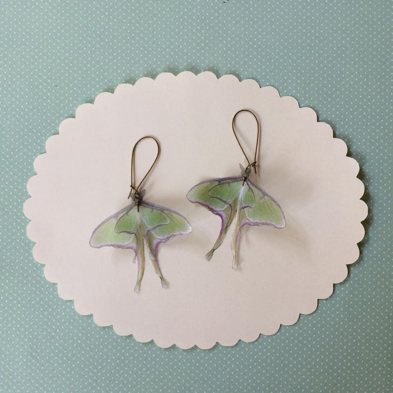 Luna Moth Earrings in Silk Organza, Actias Luna, Butterfly Earrings image 2