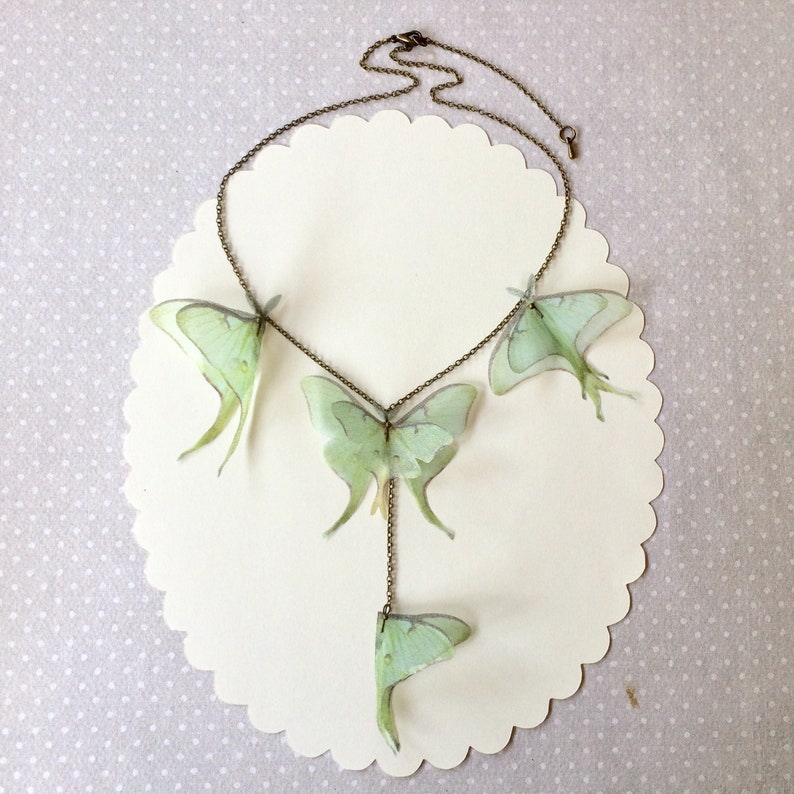 Luna Moth Necklace, Butterfly Necklace, Organza Butterfly, Sage Green Butterfly, Silk Butterfly, Actias Luna Necklace, Statement Necklace image 5