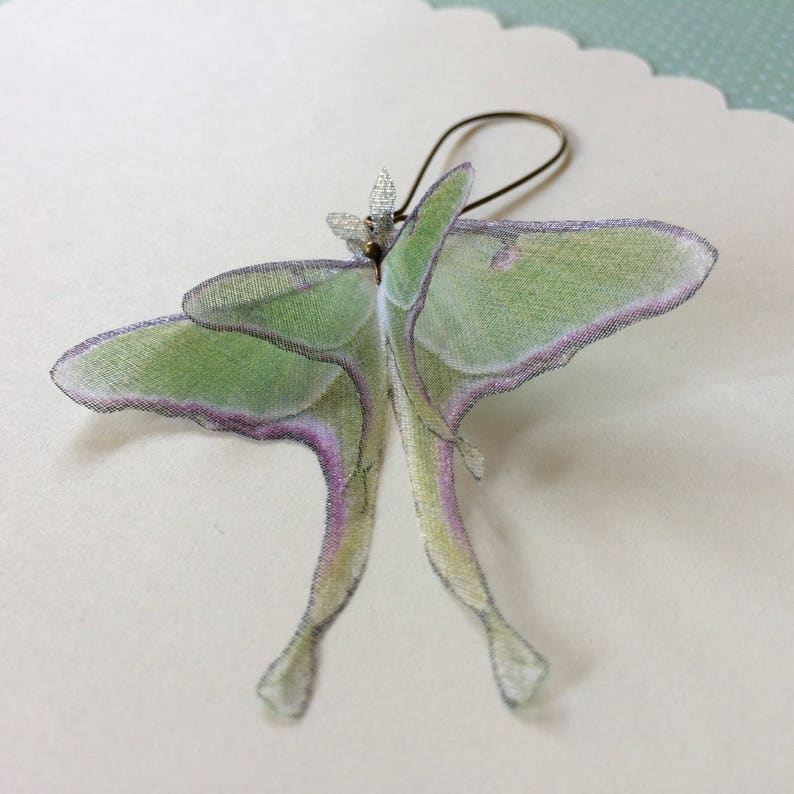 Luna Moth Earrings in Silk Organza, Actias Luna, Butterfly Earrings image 5