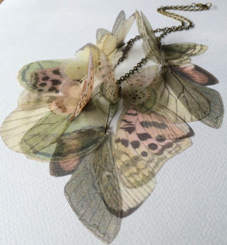 Butterfly and Wings Necklace in Pastel Pink, Green, Yellow Silk Organza, Statement Necklace, Butterfly Necklace, Organza Butterfly image 4