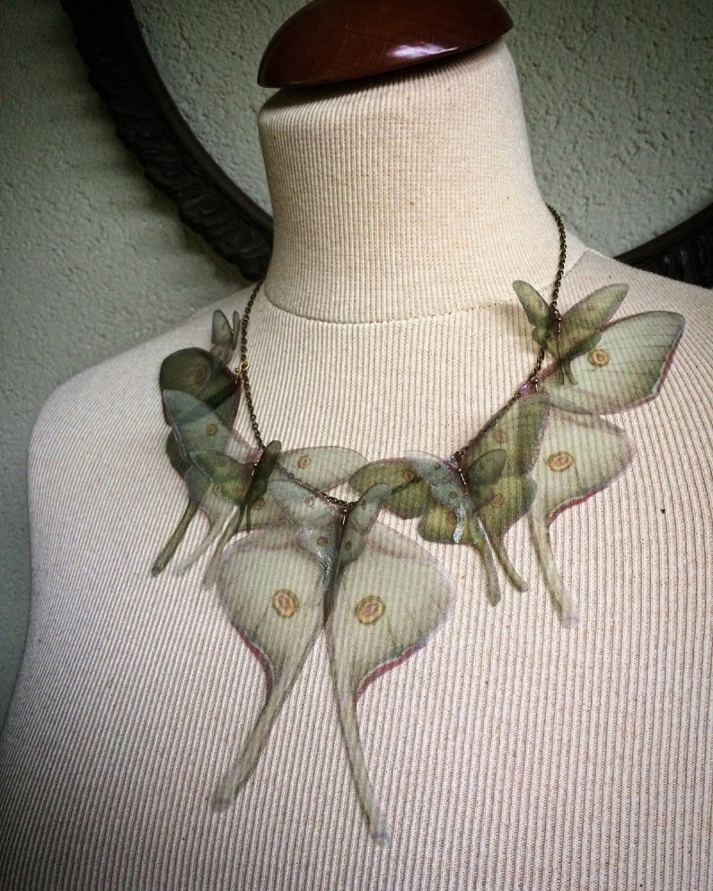 Luna Moth Necklace, Wings Necklace, Butterfly Necklace, Sage Green Silk Organza, Actias Luna Necklace, Silk Butterfly, Statement Necklace image 2