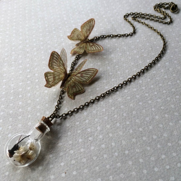 Little Treasure - Handmade Necklace with Silk Organza and Cotton Butterflies, Glass Bottle with Flowers - One of a Kind