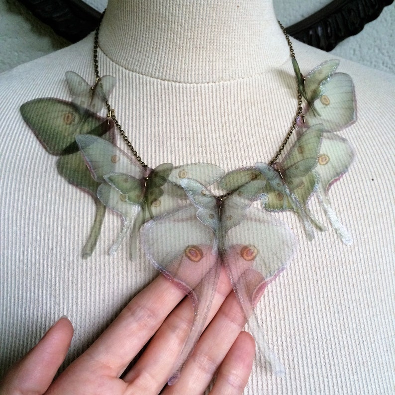 Luna Moth Necklace, Wings Necklace, Butterfly Necklace, Sage Green Silk Organza, Actias Luna Necklace, Silk Butterfly, Statement Necklace image 10