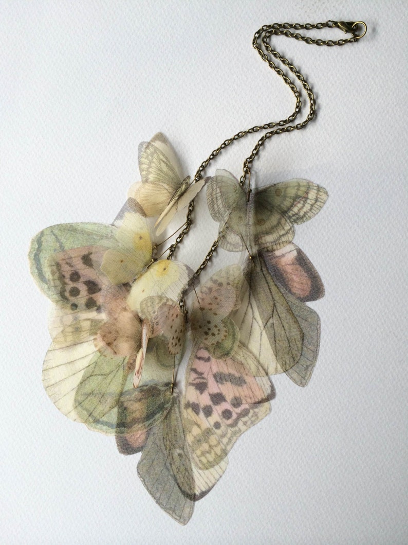Butterfly and Wings Necklace in Pastel Pink, Green, Yellow Silk Organza, Statement Necklace, Butterfly Necklace, Organza Butterfly image 2