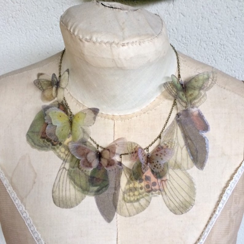 Butterfly and Wings Necklace in Pastel Pink, Green, Yellow Silk Organza, Statement Necklace, Butterfly Necklace, Organza Butterfly image 7