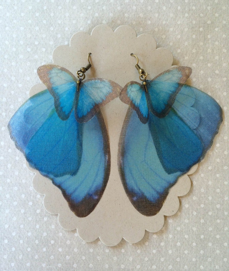 Butterfly Earrings, Morpho Butterfly, Wings Earrings, Silk Organza, Silk Butterfly Earrings, Organza Butterfly Earrings, Blue Butterfly image 2