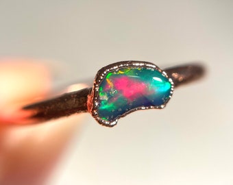 Raw Opal Ring, Size US 6 1/2, Stacking Ring, Copper Opal Ring, Electroformed Copper Ring, October Birthstone Ring, Ethiopian Opal
