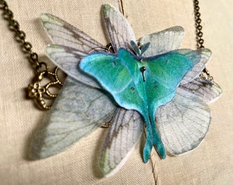 Luna Moth Necklace, Butterfly Necklace, Organza Butterfly, Teal Butterfly, Silk Butterfly, Actias Luna Necklace, Statement Necklace