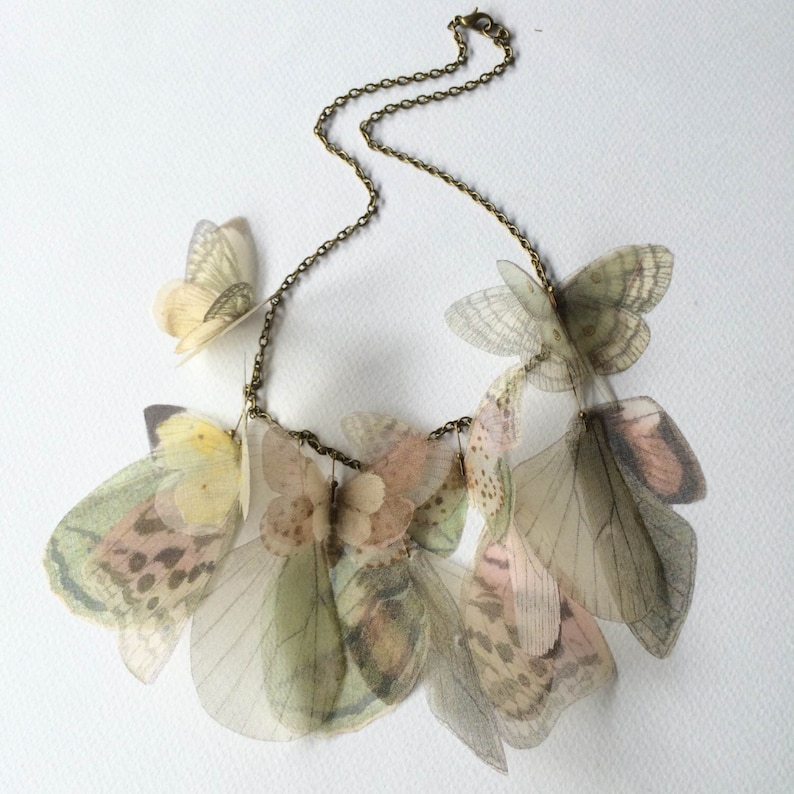 Butterfly and Wings Necklace in Pastel Pink, Green, Yellow Silk Organza, Statement Necklace, Butterfly Necklace, Organza Butterfly image 1