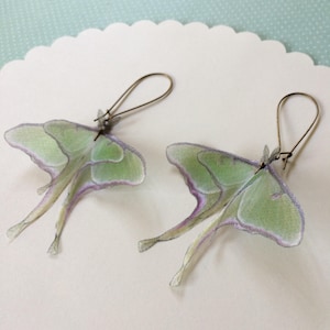 Luna Moth Earrings in Silk Organza, Actias Luna, Butterfly Earrings image 3