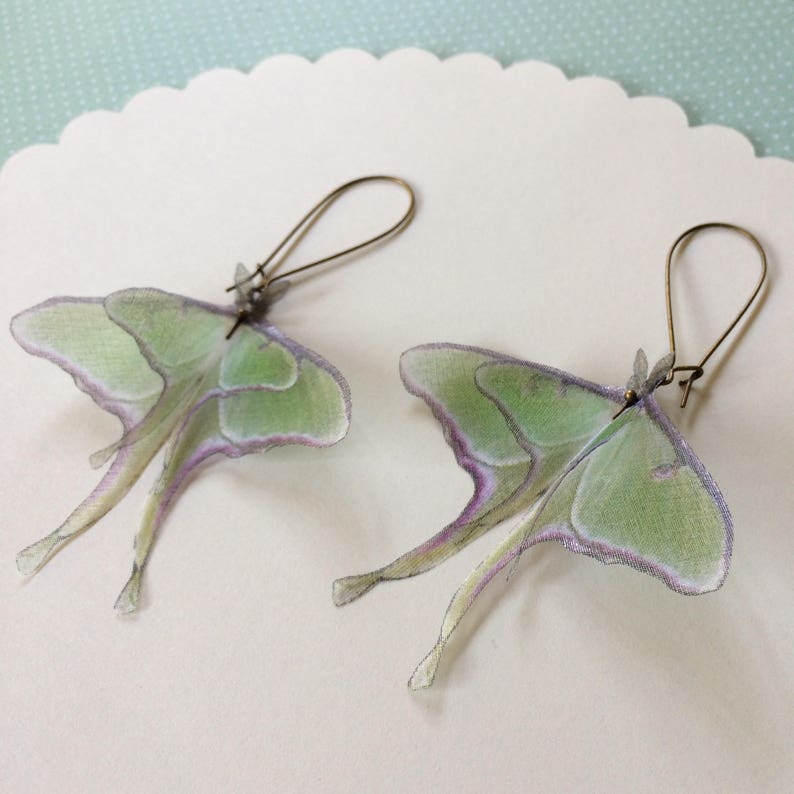 Luna Moth Earrings in Silk Organza, Actias Luna, Butterfly Earrings image 3