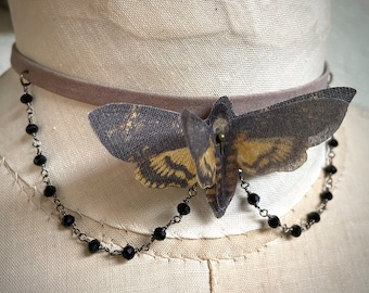 Deathhead Moth Choker, Deathhead Moth Necklace, Gothic Choker Necklace, Acherontia Atropos, Wednesday Jewelry, Black Moth, Silk Butterfly