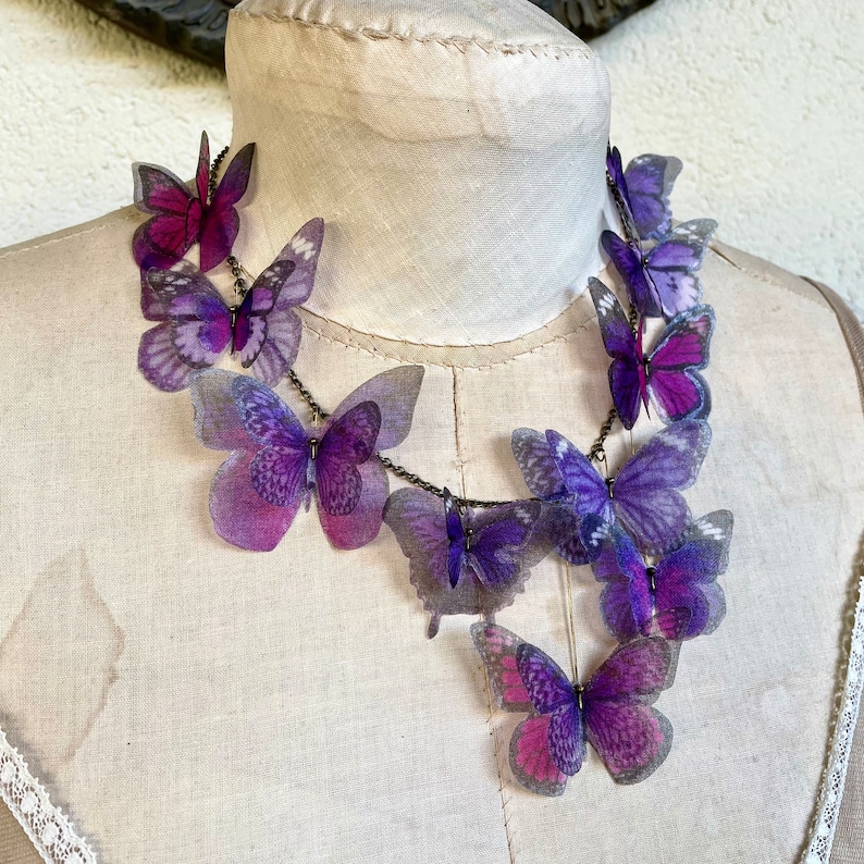 Butterfly Necklace, Purple Lilac Lavender and Pink Fucsia Silk Organza, Statement Necklace, Organza Butterfly image 10