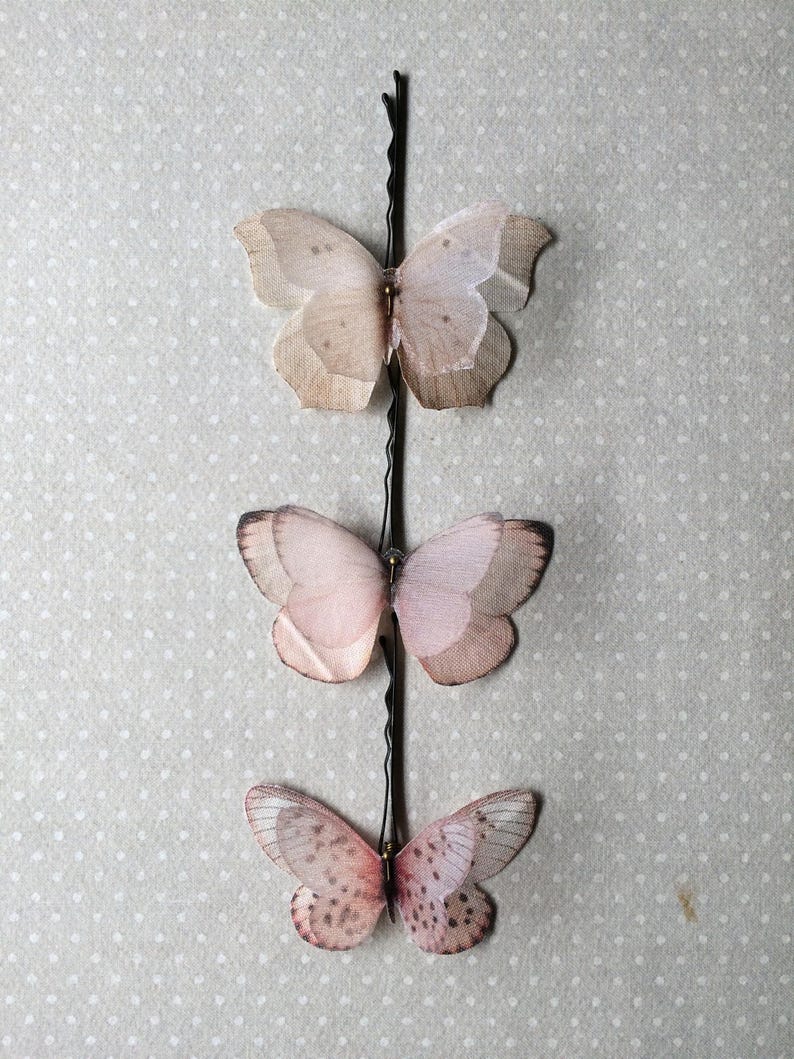 Butterfly Hair Pin, Butterfly Hairpin, Butterfly Hair Accessories in Light and Blush Pink Cotton and Silk Organza Fabric 3 pieces image 2