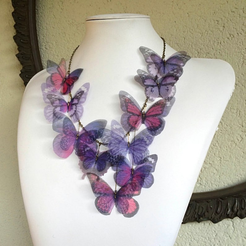 Butterfly Necklace, Purple Lilac Lavender and Pink Fucsia Silk Organza, Statement Necklace, Organza Butterfly image 7