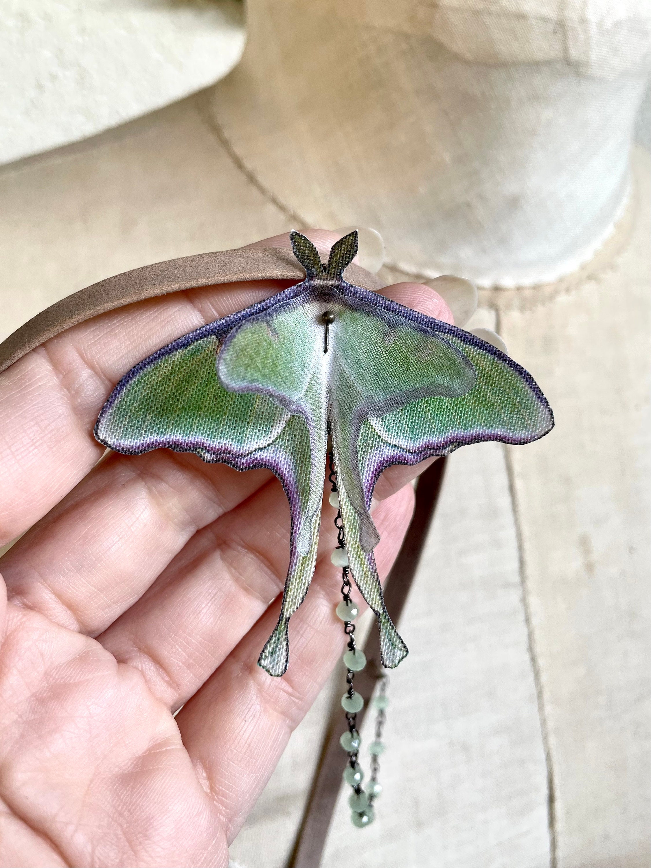 Luna Moth Choker, Luna Moth Necklace, Genuine Taupe Distressed Leather ...