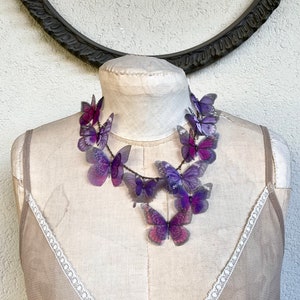 Butterfly Necklace, Purple Lilac Lavender and Pink Fucsia Silk Organza, Statement Necklace, Organza Butterfly image 3