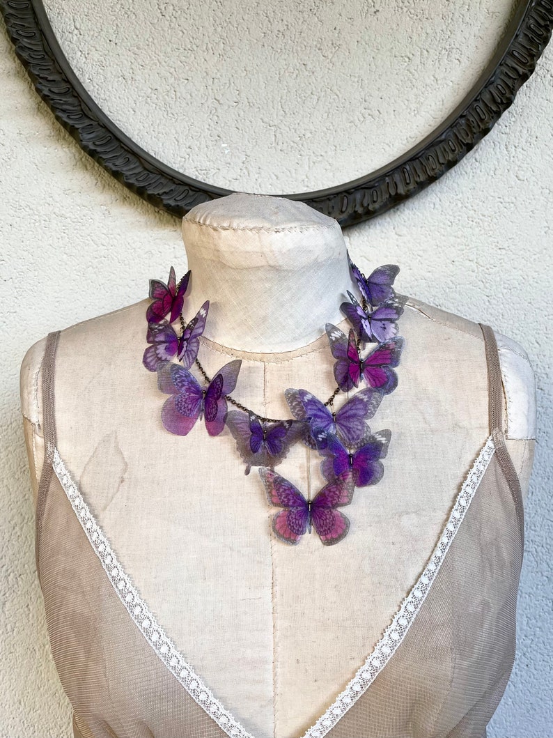 Butterfly Necklace, Purple Lilac Lavender and Pink Fucsia Silk Organza, Statement Necklace, Organza Butterfly image 3