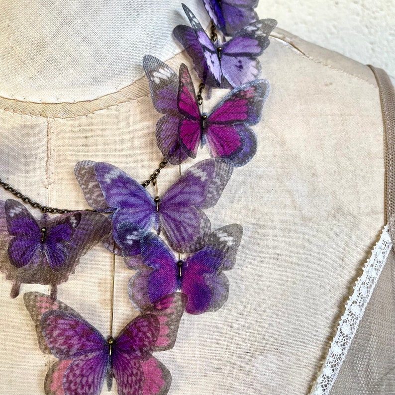 Butterfly Necklace, Purple Lilac Lavender and Pink Fucsia Silk Organza, Statement Necklace, Organza Butterfly image 4