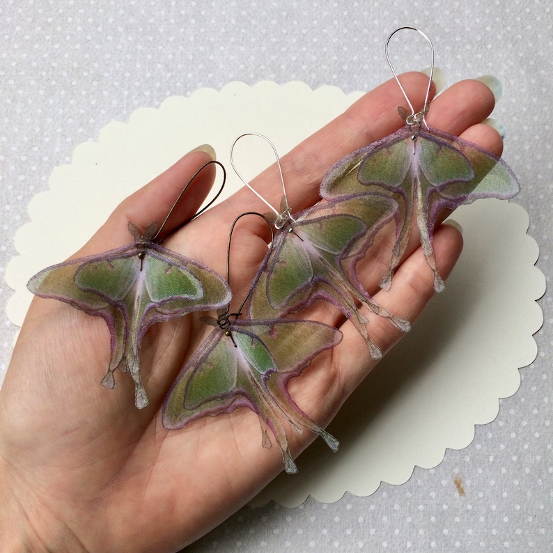 Luna Moth Earrings in Silk Organza, Actias Luna, Butterfly Earrings image 8