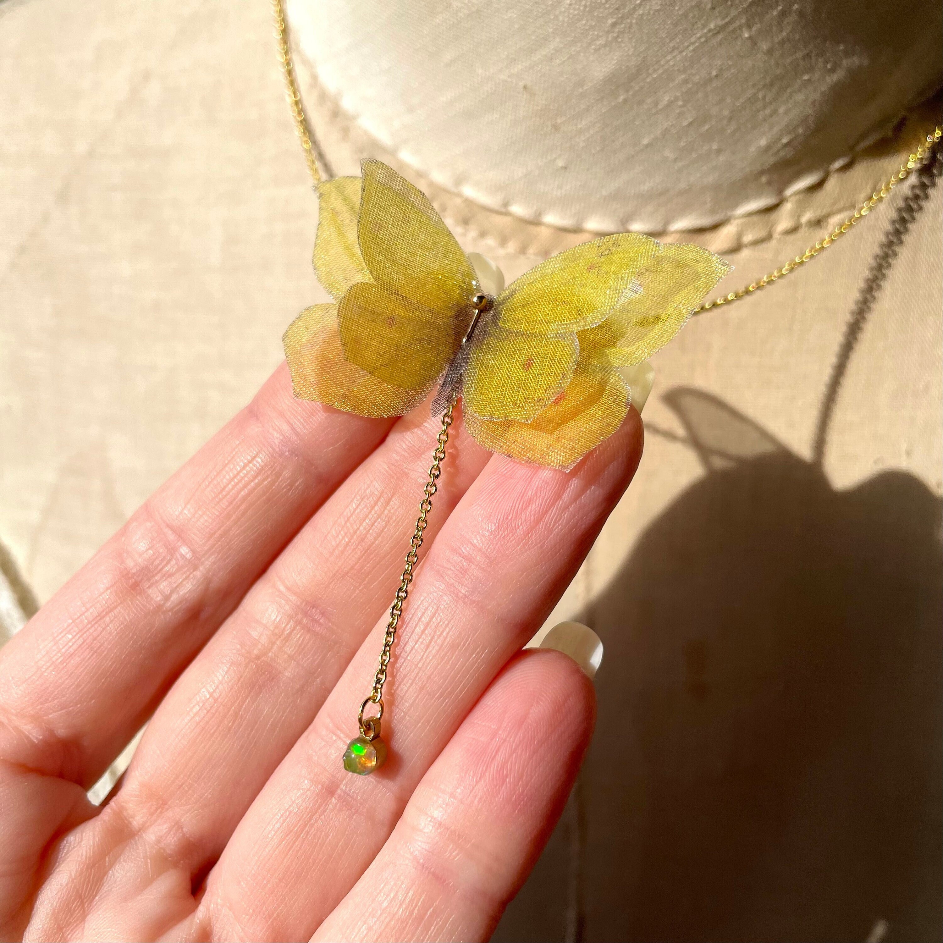 Yellow Butterfly Necklace Opal Necklace 