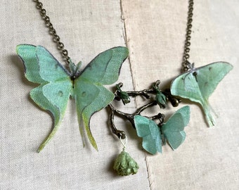 Luna Moth Necklace, Butterfly Necklace, Twig Pendant, Branch Necklace, Silk Butterfly, Paper Rosebuds, Botanical Necklace, Statement Jewelry