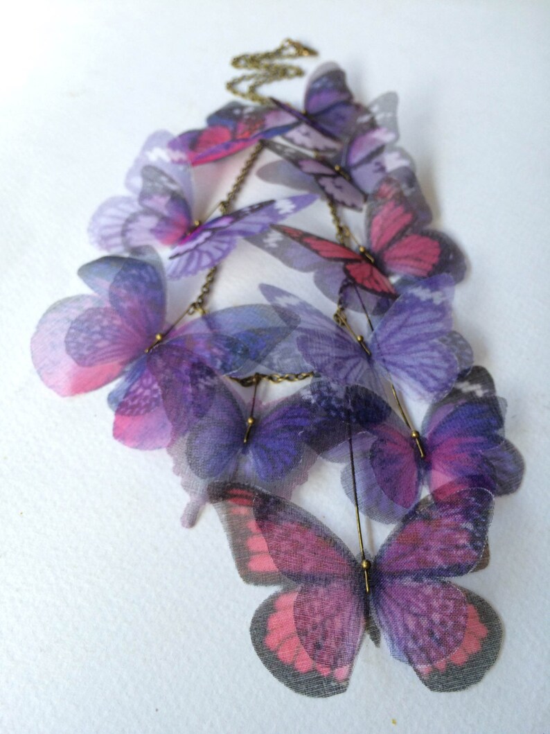 Butterfly Necklace, Purple Lilac Lavender and Pink Fucsia Silk Organza, Statement Necklace, Organza Butterfly image 9