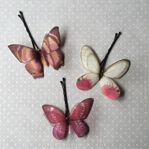 Soft - Handmade Cotton and Silk Organza Pink Shades Butterflies Hair Bobby Pin - 3 pieces