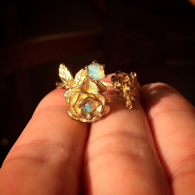 Opal Ring Raw Brass Flower Ring Floral Ring Raw Gemstone Brass