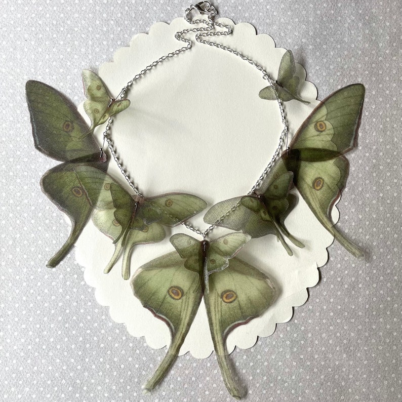 Luna Moth Necklace, Wings Necklace, Butterfly Necklace, Sage Green Silk Organza, Actias Luna Necklace, Silk Butterfly, Statement Necklace image 6