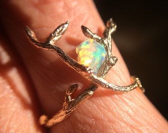 Opal Ring, Brass Opal Ring, Gold Opal Ring, Opal Branch Ring, Twig Ring, Raw Gemstone, Dainty Ring, October Birthstone, Ethiopian Welo Opal