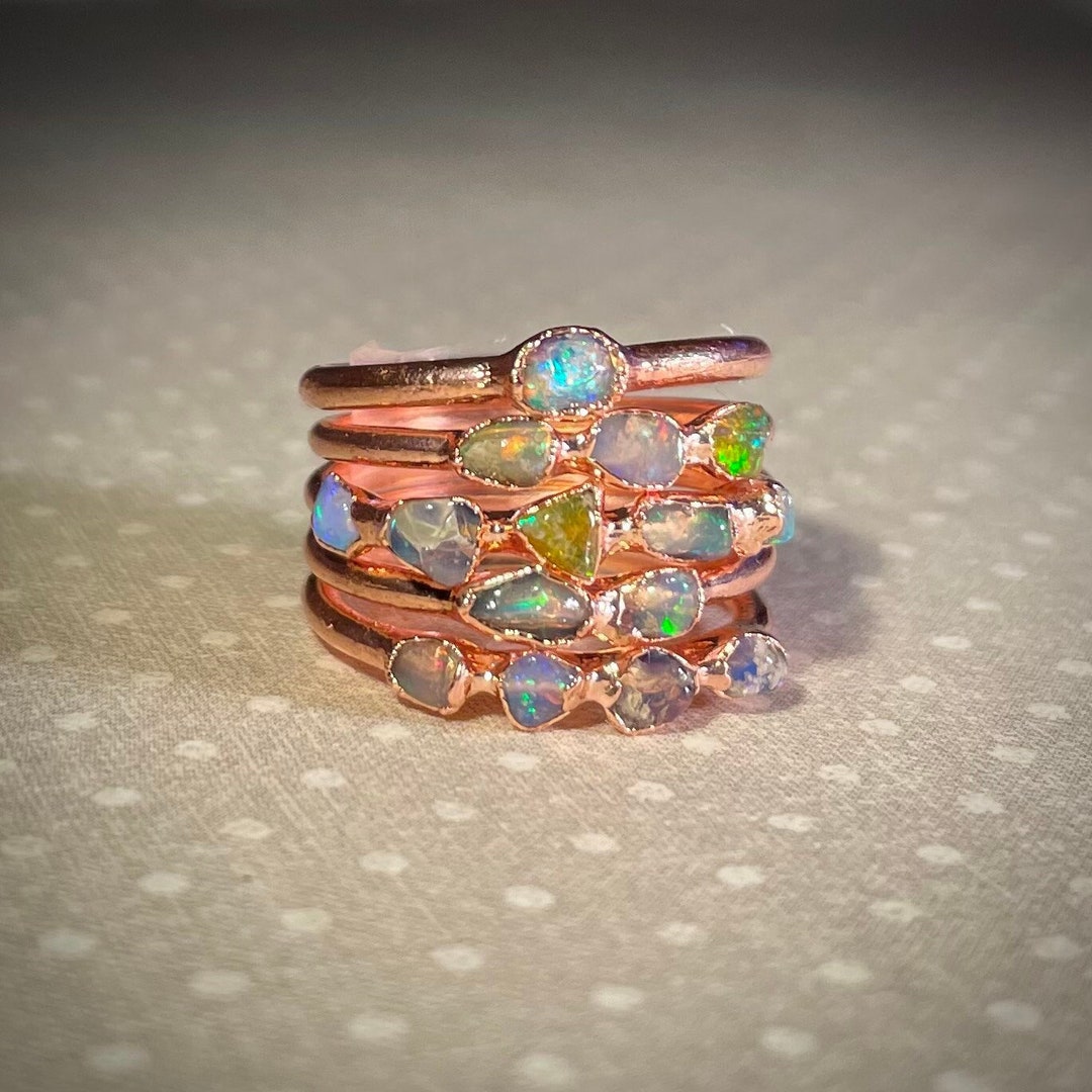 Raw Opal Ring, Dainty Opal Ring, Stacking Opal Ring, Stack, Copper Opal ...