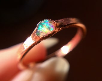 Raw Opal Ring, Dainty Opal Ring, Stacking Opal Ring, Stack, Copper Opal Ring, Electroformed Opal Ring, October Birthstone Ring