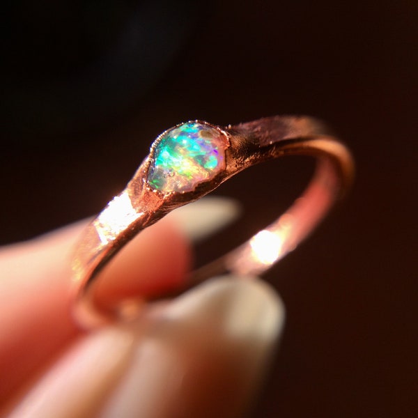 Raw Opal Ring, Dainty Opal Ring, Stacking Opal Ring, Stack, Copper Opal Ring, Electroformed Opal Ring, October Birthstone Ring