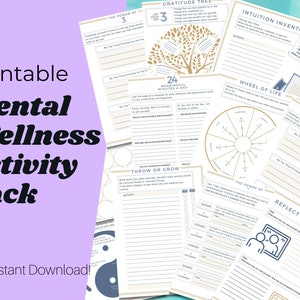 Può includere: Un pacchetto di attività di benessere mentale stampabile con una varietà di fogli di lavoro e attività. Il pacchetto include attività come un albero di gratitudine, una ruota della vita, un'attività di lancio o crescita e un diario di 24 minuti significativi al giorno.