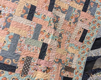 Halloween Fall Throw Quilt, Handmade Sweet Kitten Quilt, Traditional Rail Fence Halloween Quilt