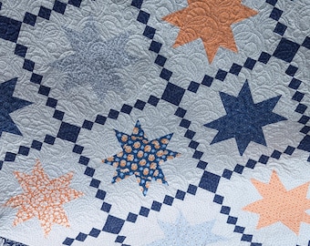Handmade Irish Chain Star Quilt, Blue Orange Floral Cotton, Twin Size 76"x76"
