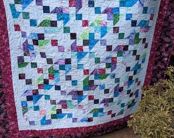 Handmade Custom Quilt with Hand Dyed Bali Batiks, Floral and Leaves Batik Twin Size Quilt
