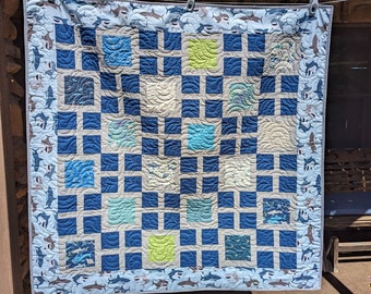 Handmade Quilt-Nautical Quilt-Friendly Sharks-Fish-Surfers-Large Throw Size Quilt -Baby- Child-Toddler Quilt-Free Shipping