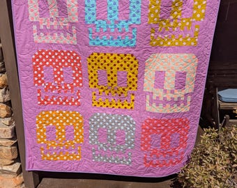 Handmade Halloween Skull Quilt, Mosaic Collage, Throw Size (56" x 63")