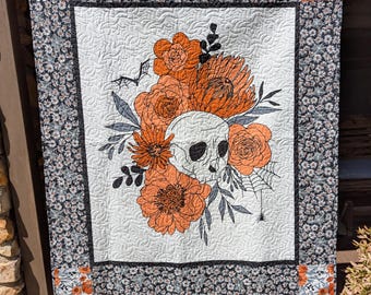 Halloween Quilt, Beautiful Floral Halloween Quilt, Fall Quilt, Skull Quilt, Large Throw Quilt for Halloween