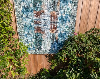 Handmade Quilt, Bear and Lake Throw Size Quilt, Lake Water Reflection