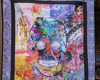 Halloween Quilt, The Skull, Handmade Quilt, Mosaic Collage of a large Skull, Large Throw Quilt