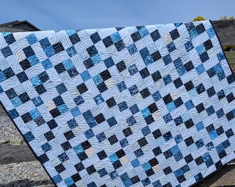 Handmade Quilt with Hand dyed Bali Batiks, Blue and White Large Throw Quilt