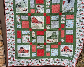 Holiday Barns Quilt, Handmade Quilt with Barns Winter Scenes, Throw Size Quilt