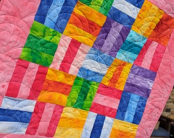 Rainbow Rain Baby Quilt -Baby Quilt-Rainbow Crib Quilt-Toddler Quilt-Minky Cuddle Quilt-Free Shipping