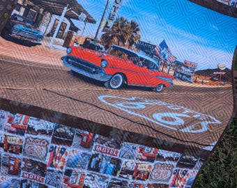 Handmade Quilt, Route 66 Icon Quilt, Vintage Car with Scenic Route 66, Throw Size