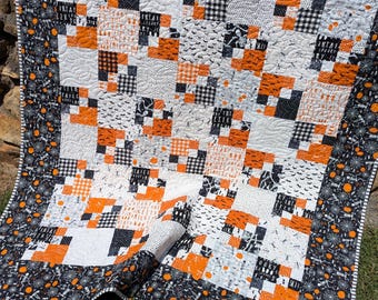 Halloween Large Throw Quilt, Bats, Skeletons, Spiders and more, Handmade Fall Throw Quilt